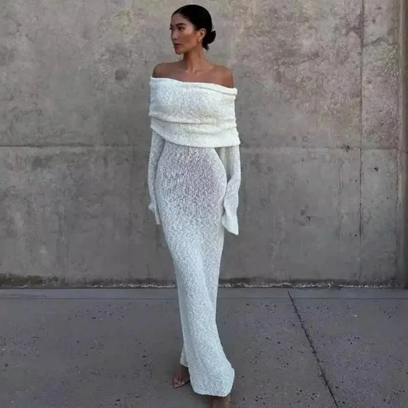 Ivory Off-Shoulder Knit Maxi Dress - Picture 2 of 3